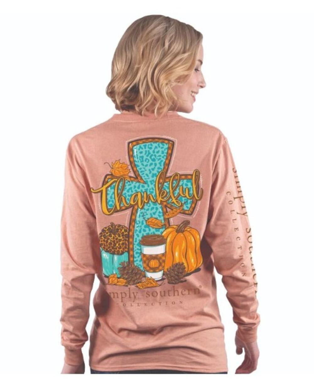 Simply Southern LS Peach Tee "Thankful-Grateful-Blessed" - Size Large